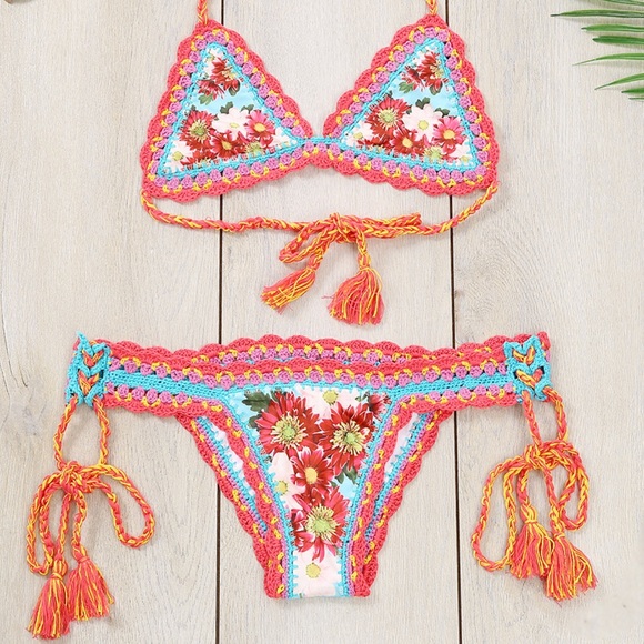 Hippie Hooray Boho Gypsy Floral Crochet Bikini - Picture 3 of 8
